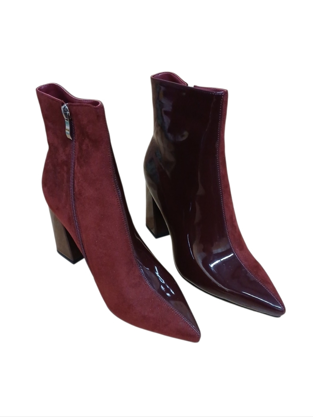 Public Desire NIB Chaos Burgundy Patent & Suede Pointed Block Heel Booties US 8